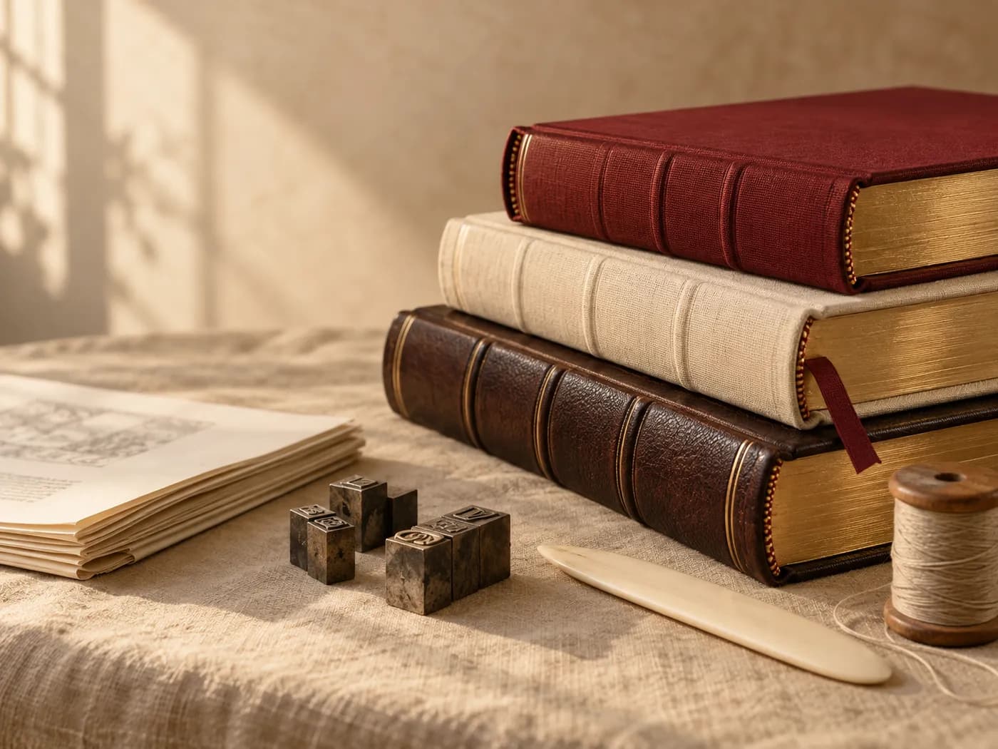Livros encadernados sobre a mesa de trabalho